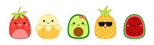 Fruits. Strawberry, Banana, Avocado, Pineapple, Watermelon Squishmallow Pillow Kawaii Vector