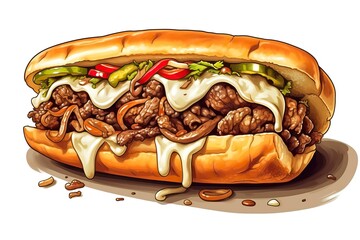 Philly cheesesteak Illustration. Food illustration. Generative AI