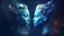 Zodiac Sign Gemini In Cosmic Space. Two Women In Space. Generative AI.