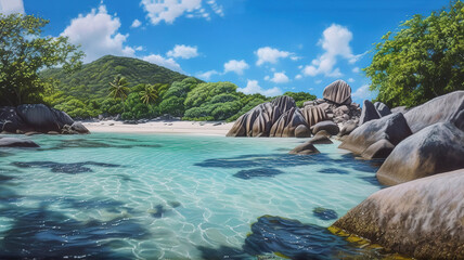 Paradise beach at anse source d'argent. Generative Ai