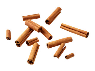 Falling cinnamon sticks isolated on transparent or white background, png