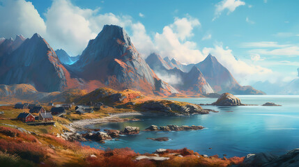 Aerial panoramic view of Reine, Lofoten, Norway, sunny arctic summer. Generative Ai
