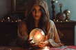 Gypsy young woman fortune teller working with glowing crystal ball, predicting future, looking directly into camera, esoteric mysticism decorations in background. Generative AI