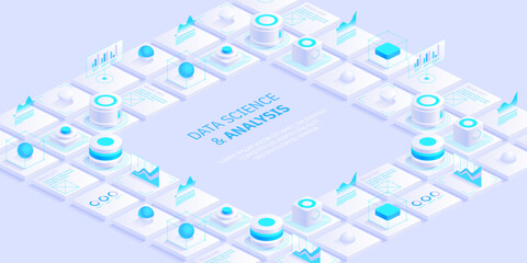 Wall Mural - Modern isometric design concept of data science and analysis. Technology background. Illustration for websites, landing pages, mobile applications, posters and banners