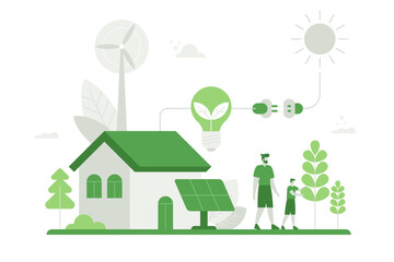 People using eco future technology, renewable energy sources. Cartoon characters standing near smart home with renewable energy, wind turbines, solar panels. Green energy to clean environment concept