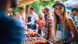 caucasian adult woman at a garden party with family and friends, kids and siblings, BBQ grill party