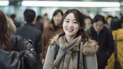 Wall Mural - young adult woman or teenage girl, at a train station or airport, fictitious place, with a thick winter jacket, crowd busy