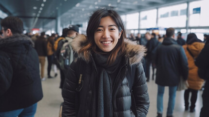 Wall Mural - young adult woman or teenage girl, at a train station or airport, fictitious place, with a thick winter jacket, crowd busy