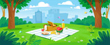 Fototapeta Dinusie - Background of a picnic set up in a city park. Basket with healthy food, apples, banana, watermelon, and juice on a blanket spread on the grass with a beautiful view. Cartoon vector illustration.