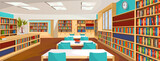 Fototapeta  - An interior design of a reading room in a public library. An empty modern school or university library with bookshelves full of books, tables, and chairs for studying. Cartoon vector illustration.