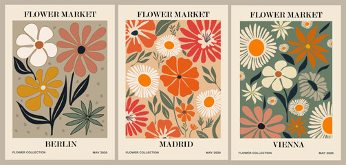 Set of abstract Flower Market posters. Trendy botanical wall arts with floral design in danish pastel colors. Modern naive groovy funky interior decorations, paintings. Vector art illustration.