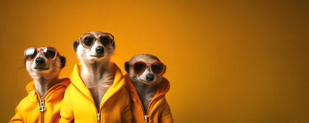 creative animal concept. meerkat in a group, vibrant bright fashionable outfits isolated on solid ba