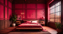 A Bedroom With Red Stripes On The Walls