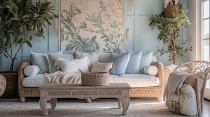 Wall Mural - Bedroom decor, home interior design . Coastal Boho style with Wall Mural decorated with Rattan and Wicker material . Generative AI AIG26.