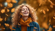 Joyful young woman rejoices in autumn, tossing fallen yellow leaves in the park.Created with Generative AI technology.