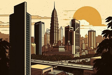 Poster - bustling urban landscape with skyscrapers and a suspension bridge. Generative AI
