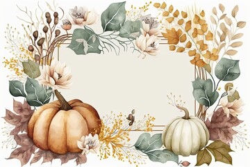 Wall Mural - vibrant pumpkin surrounded by colorful leaves and flowers, painted in watercolor. Generative AI