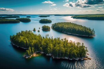 Wall Mural - Aerial view of Finlands blue lakes, islands, and beautiful woods. Beautiful summer scenery. Generative AI