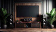 © drizzlingstarsstudio - The trendy living area features a home theatre with a television screen and speakers