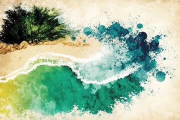 Abstract summer background with a handmade wash effect depicting an overhead view of the beach and water. Generative AI