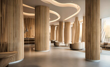 The Lobby Of A Modern Hotel With Wooden Pillars