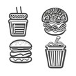 A set of fast food food, highlighted on a white background. Cartoon fast food, unhealthy burger sandwich, hamburger, snacks from the restaurant menu.Illustration in a simple style