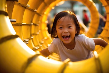 The joy and excitement of children playing at a colorful playground with a low - angle shot. Generative AI