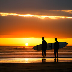 silhouettes of two surfers i in the sunset light on the ocean. generative AI