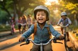 A child boy riding a bicycle for the first time. Generative AI