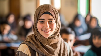 Canvas Print - Back to school. Middle eastern muslim school female teenage student posing at the classroom looking at the camera 