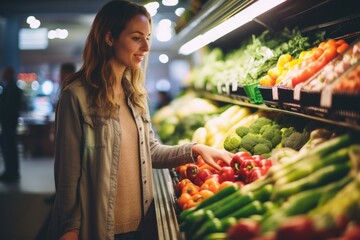 A close - up shot of a woman browsing through a section of fresh produce in a grocery store. Generative AI