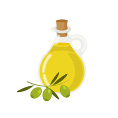 Olive oil glass bottle. Vector bottles with green olives. Design element for menu, label, packaging isolated on white backgound.