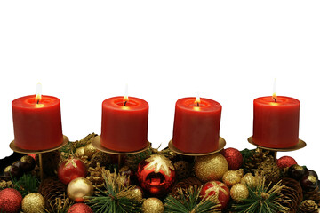 Wall Mural - Four burning red advent christmas candles with ornaments isolated with copy psace png file