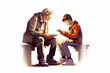 An heart warming illustration portraying a teenager teaching an elderly person how to use a smartphone or a tablet, highlighting the intergenerational bond and the exchange of knowledge