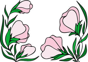 graphic drawing of pink flowers close-up, no background, isolated element, decor