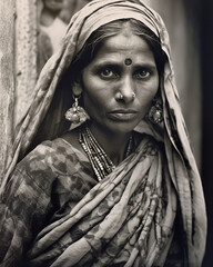 Portrait in B&W of an Indian woman wearing traditional clothes while working in an urban setting in India.