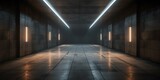 Fototapeta Przestrzenne - 3d render. wallpaper and Illustration background Geometric figure in neon light against a dark tunnel. Laser glow 