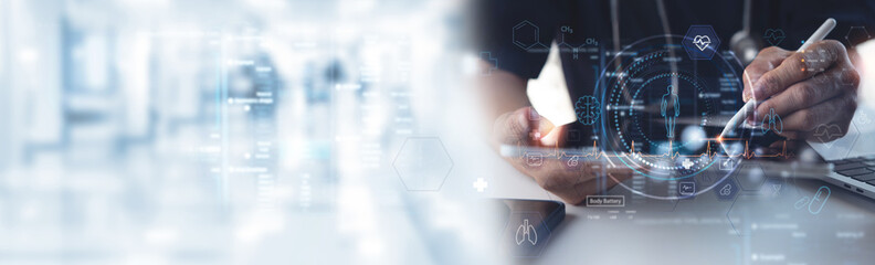Healthcare and medicine, Medical technology, doctor using AI robots for diagnosis and medical research connecting with big data on virtual interface screen. Futuristic health technology background