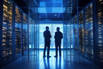 Poster - two businessmen engaged in a discussion in a modern data center, surrounded by servers. illustrates 