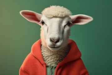 Wall Mural - Anthropomorphic baby sheep dressed in human clothing. Humanized animal concept. AI generated, human enhanced