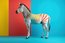 Colorful Zebra Against Blue Background, With Copy Space. Stand Out Concept, Be Different. Ai Generative.