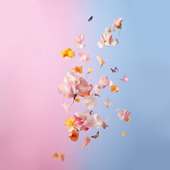 Wall Mural - Beautiful spring flowers flying in the air, against pink background; Creative spring floral layout. Minimal birthday, valentines or wedding concept. AI generated