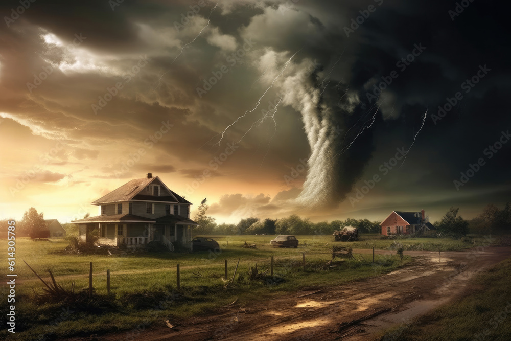 Tornado forming destruction over a populated landscape with a house on ...