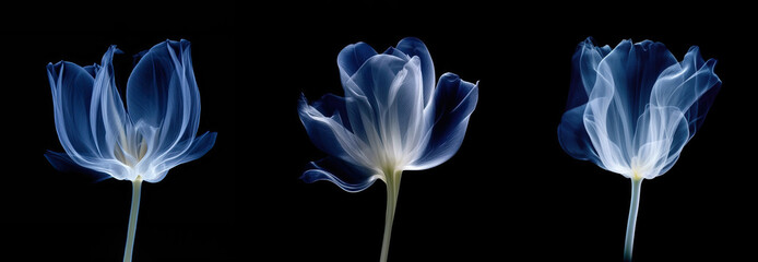 set of realistic illustrations of flower in x-rays. blue petal on dark background. horizontal banner