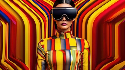 Young female model wearing VR posing with trendy fashion outfit and colorful optical art abstract background. Picturesque generative AI