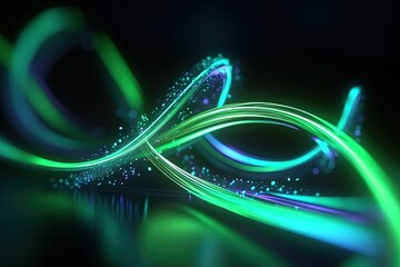 Wall Mural - abstract futuristic background with green glowing neon moving high speed wave lines and bokeh lights