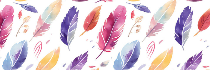 Sticker - flat watercolor feather repeating pattern, Generative AI