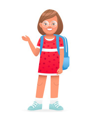 Wall Mural - Happy white child in a red dress and glasses stands with a school bag on his shoulders. Cute little schoolgirl.