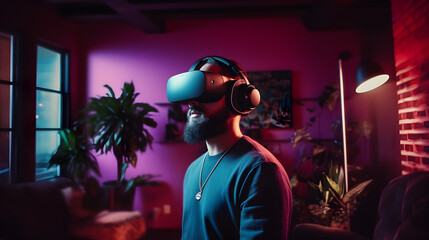 man wearing a virtual reality headset living room in background. technology concept. Generative AI