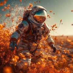 astronaut with autumn flowers